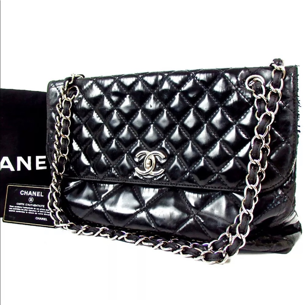 Handles patent leather double chain shoulder bag